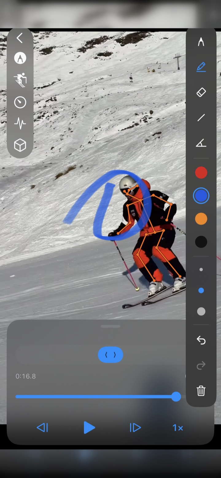 TurnPro drawing tools open over a clip: a skeleton overlay on the skier and a blue freehand line drawn by the instructor.